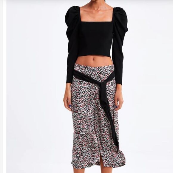 ZARA boho red black cheetah print silky midi skirt XS - Picture 1 of 8